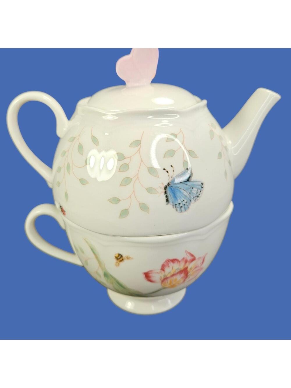 Lenox‎ Butterfly Meadow Stackable Teapot and Cup Individual Serving Tea for One